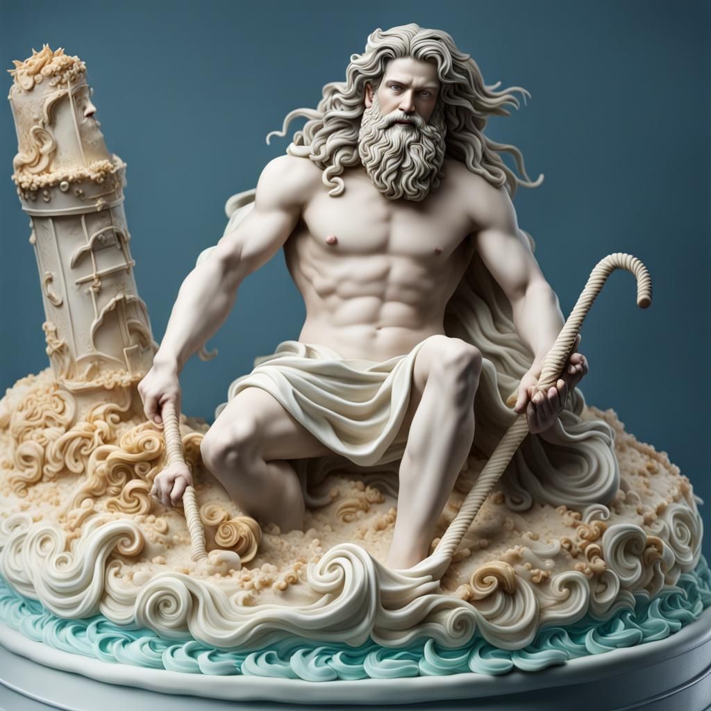 Detailed Cake Sculpture of Neptune Rising from the Sea