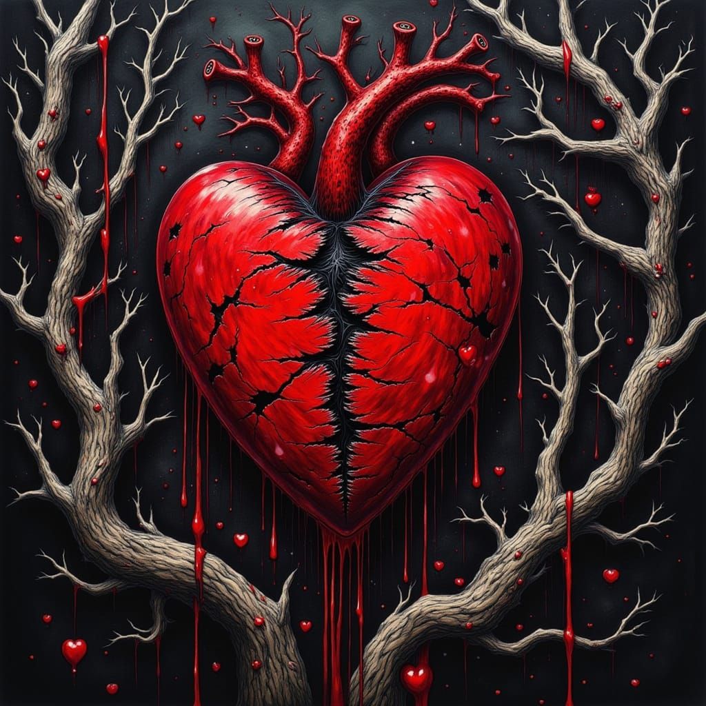 Shattered Gothic Heart with Skeletal Branches