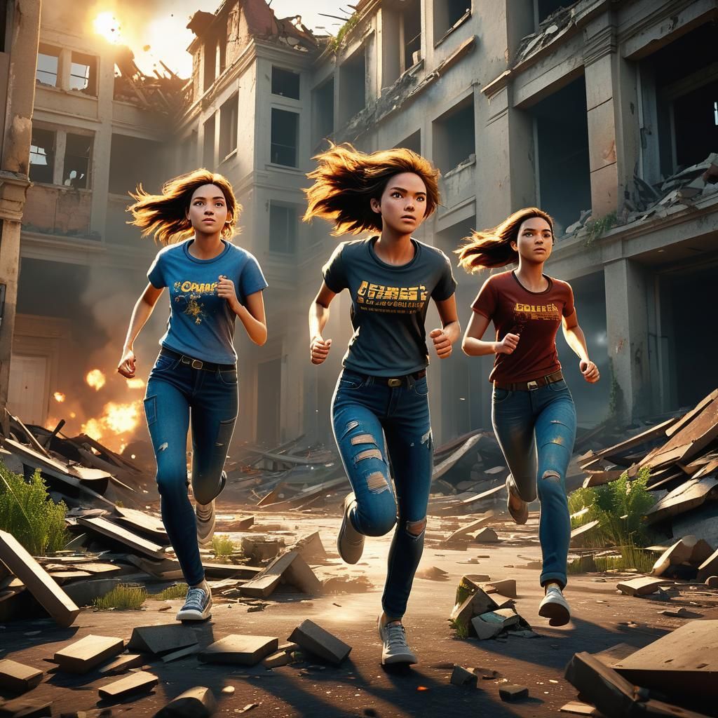 Women Escape Explosion in Overgrown City Ruins