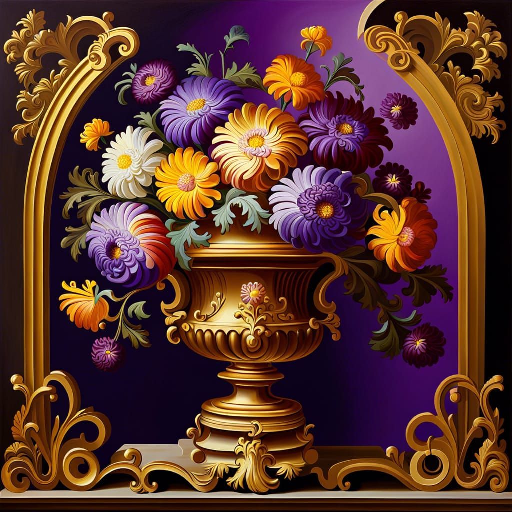 Bouquet of Intricate Chrysanthemum ‘Regal Mist Purple’ in Antique Ornate Gold Vase