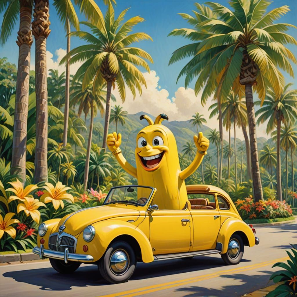 Vibrant Chiquita Banana Mascot Cruises Tropical Road in a Br...