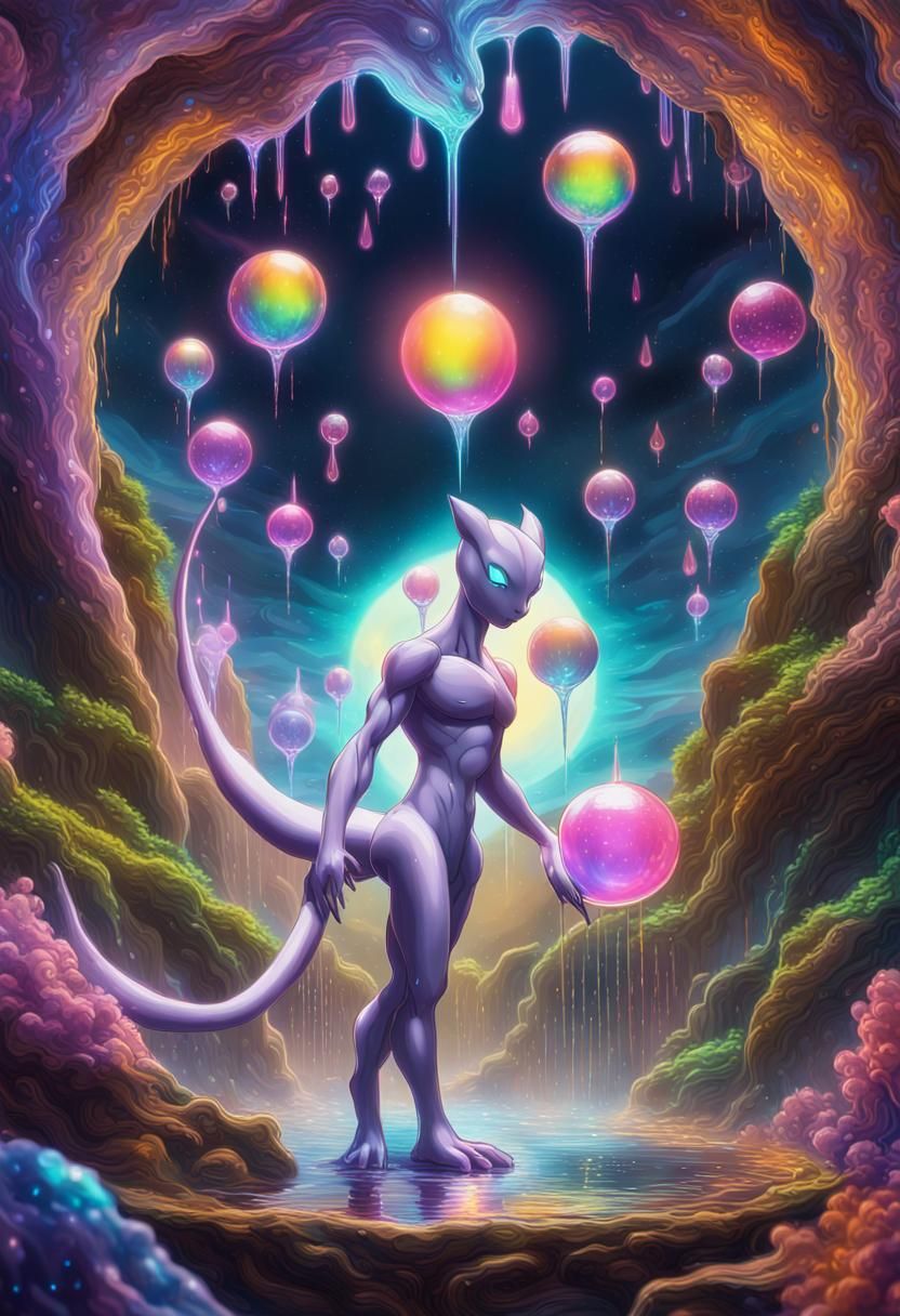 Mewtwo in Spiritual Realm with Neon Colors