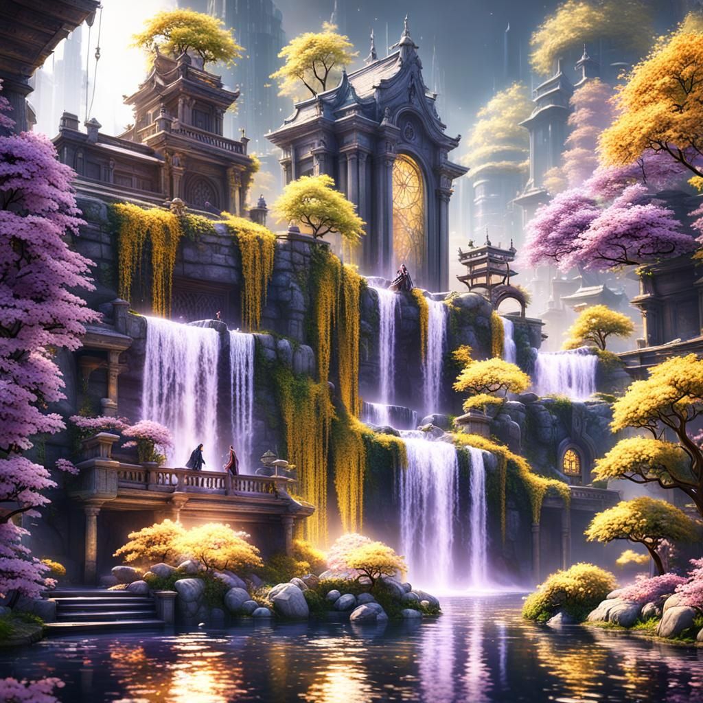 Fantastical Urban City with Waterfalls and Koi Ponds