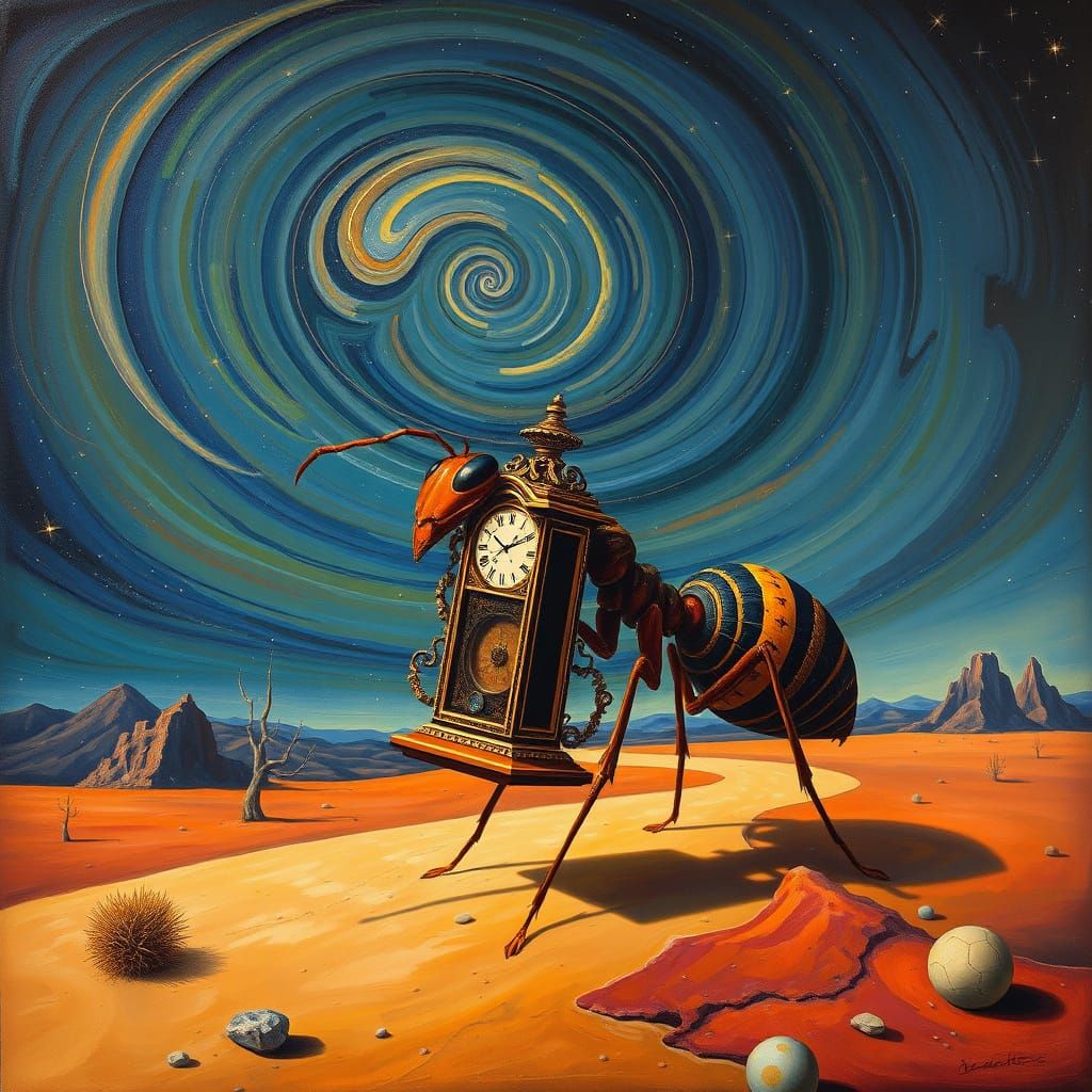 Surreal Ant Carries Grandfather Clock Desert Landscape