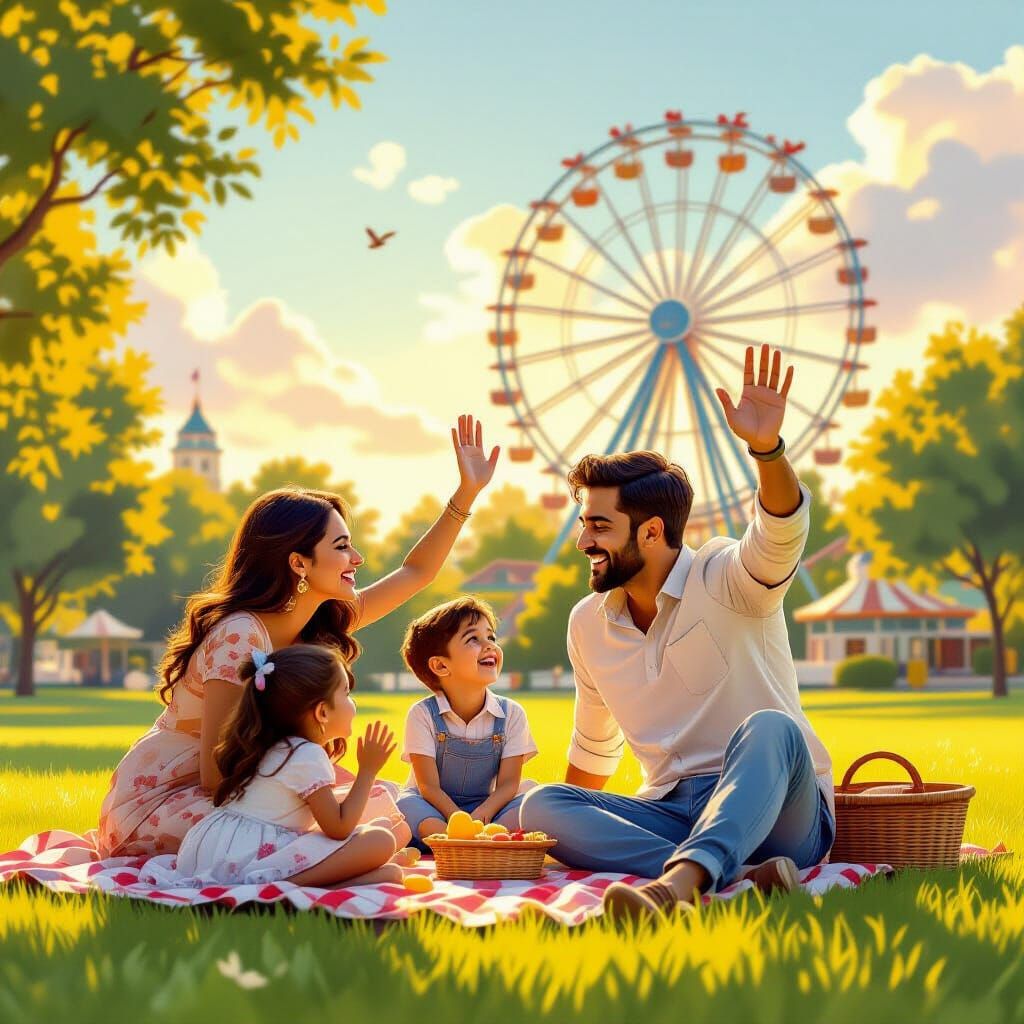 Indian Family Picnic at Amusement Park in Golden Hour