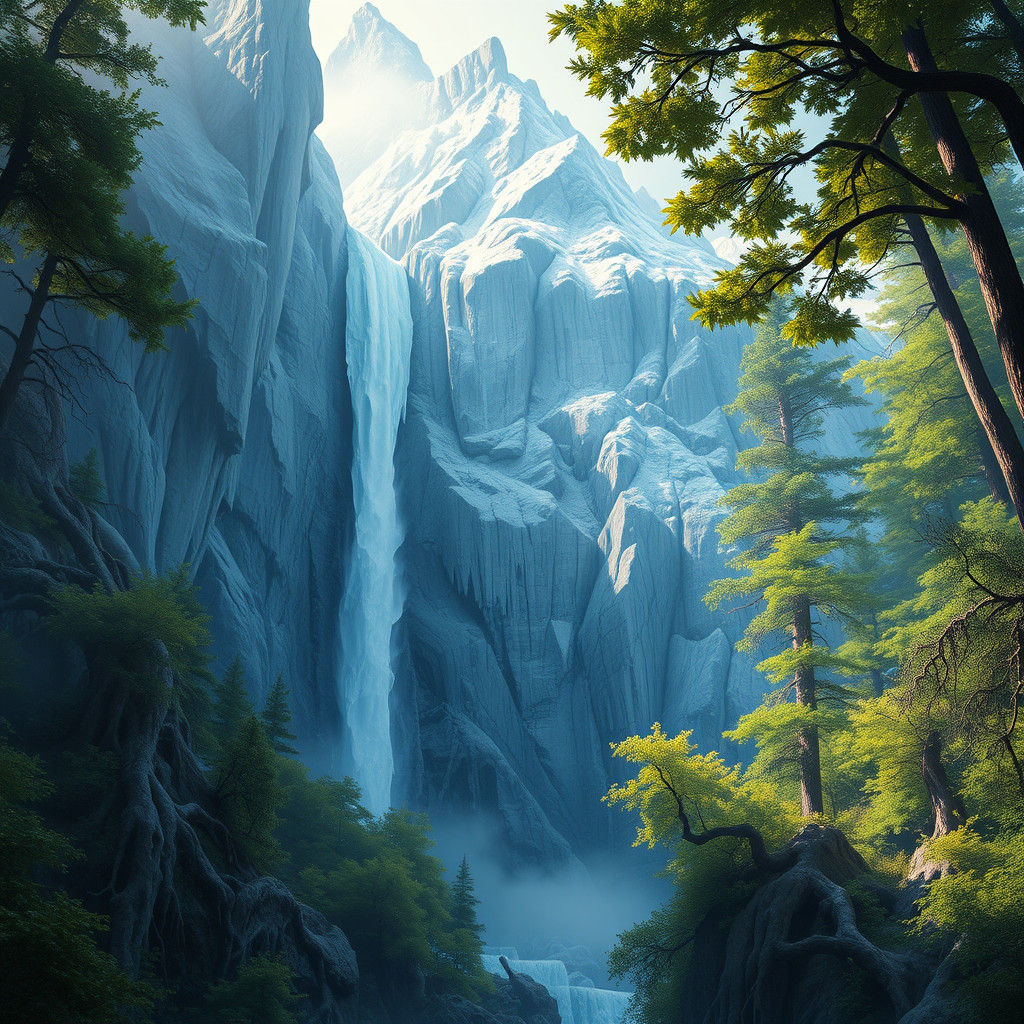 Icy Waterfall Descends Mountain in Lush Forest