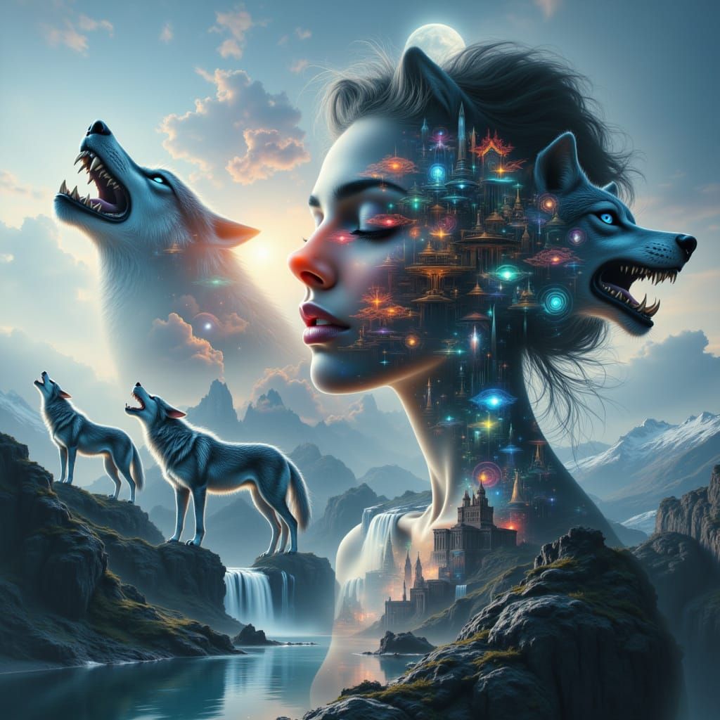 Victorian Woman Double Exposed with Wolves and Mountains