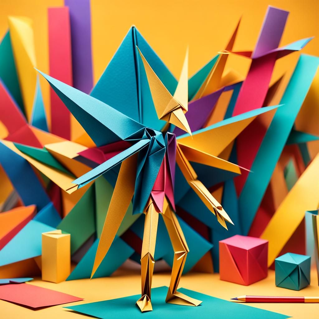 Origami Stick Figure in Abstract Expressionism Style