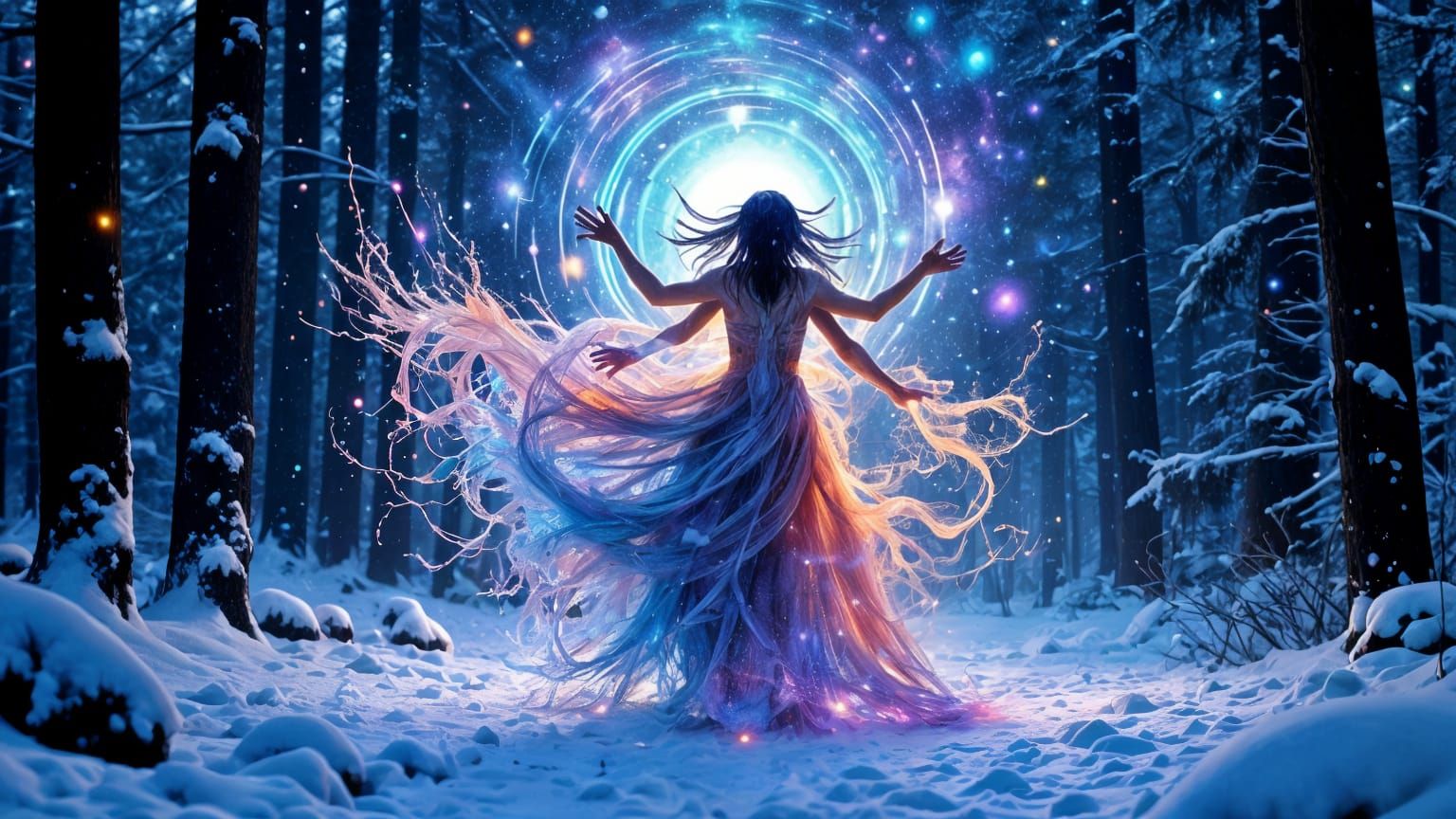 Cosmic Spirit Dancer in Snowy Forest, Tarot Style