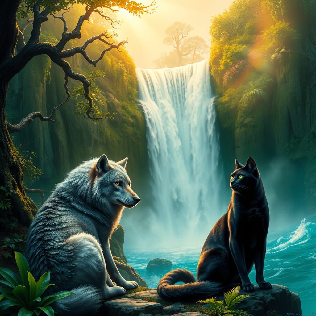 Regal Wolf and Obsidian Cat Amidst Majestic Waterfall