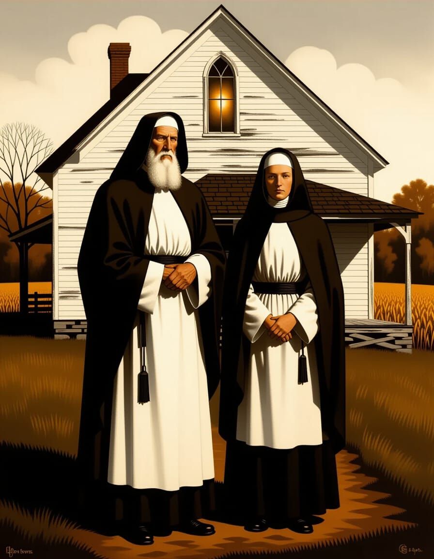 Solemn Monks in American Gothic Style