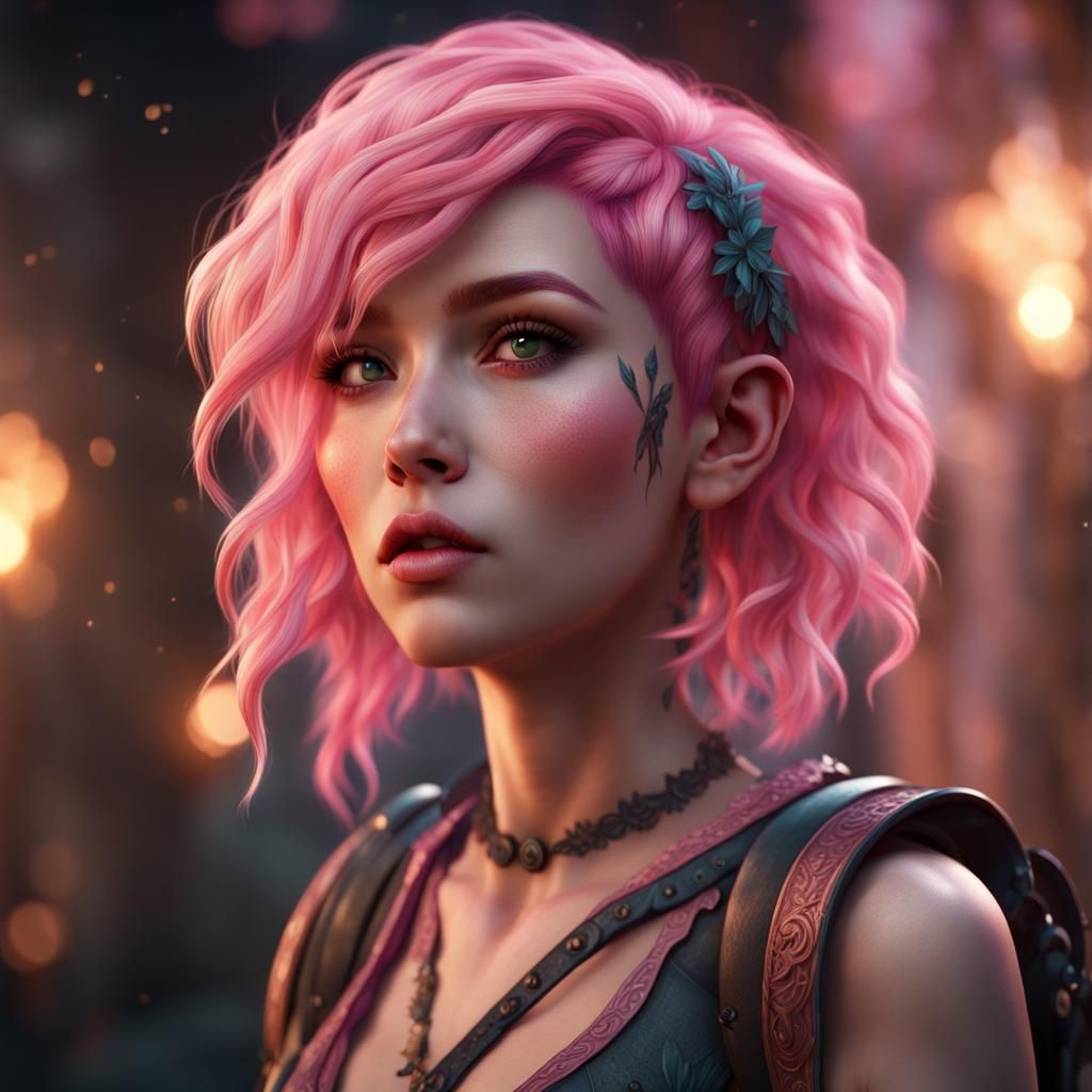 Cute Girl with Pink Hair: Detailed Matte Painting