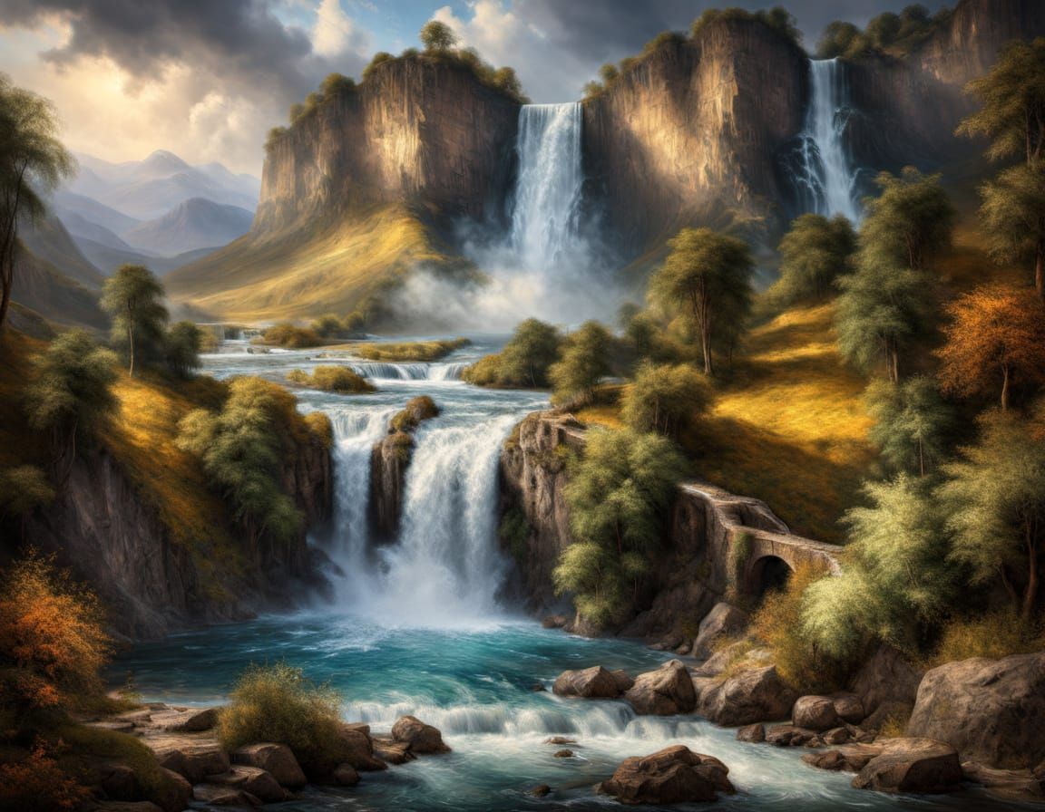 Waterfall Flows from Oil Painting in HDR