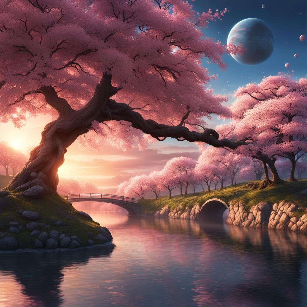 Sakura Tree Sunrise with Ringed Planets
