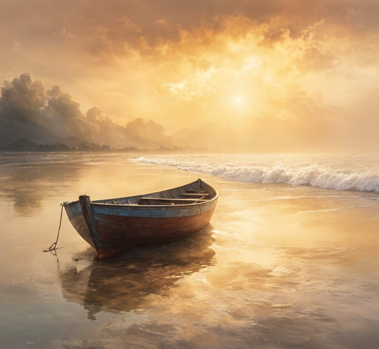 Impressionist Beach Sunset with Old Wooden Boat