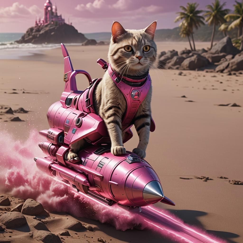 Hyperrealistic Pink Cat on Rocket Beach Adventure