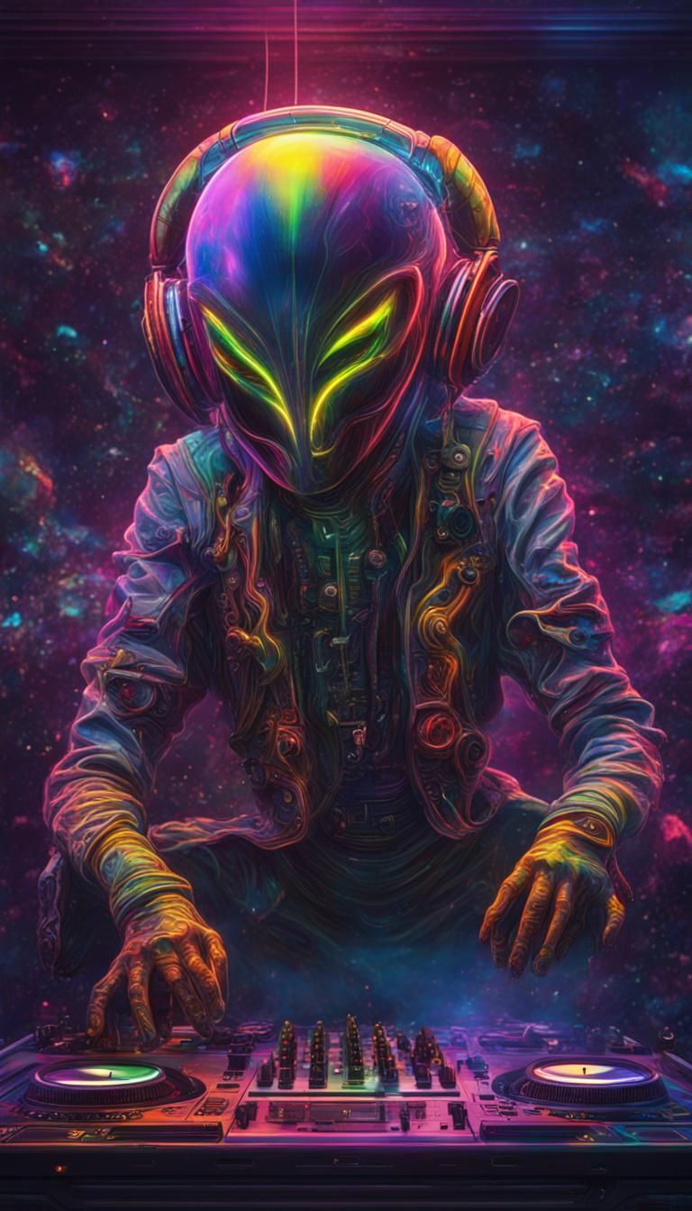 A psycadellic neon alien dj in space intricate details, HDR, beautifully shot, hyperrealistic, sharp focus, 64 megapixel...