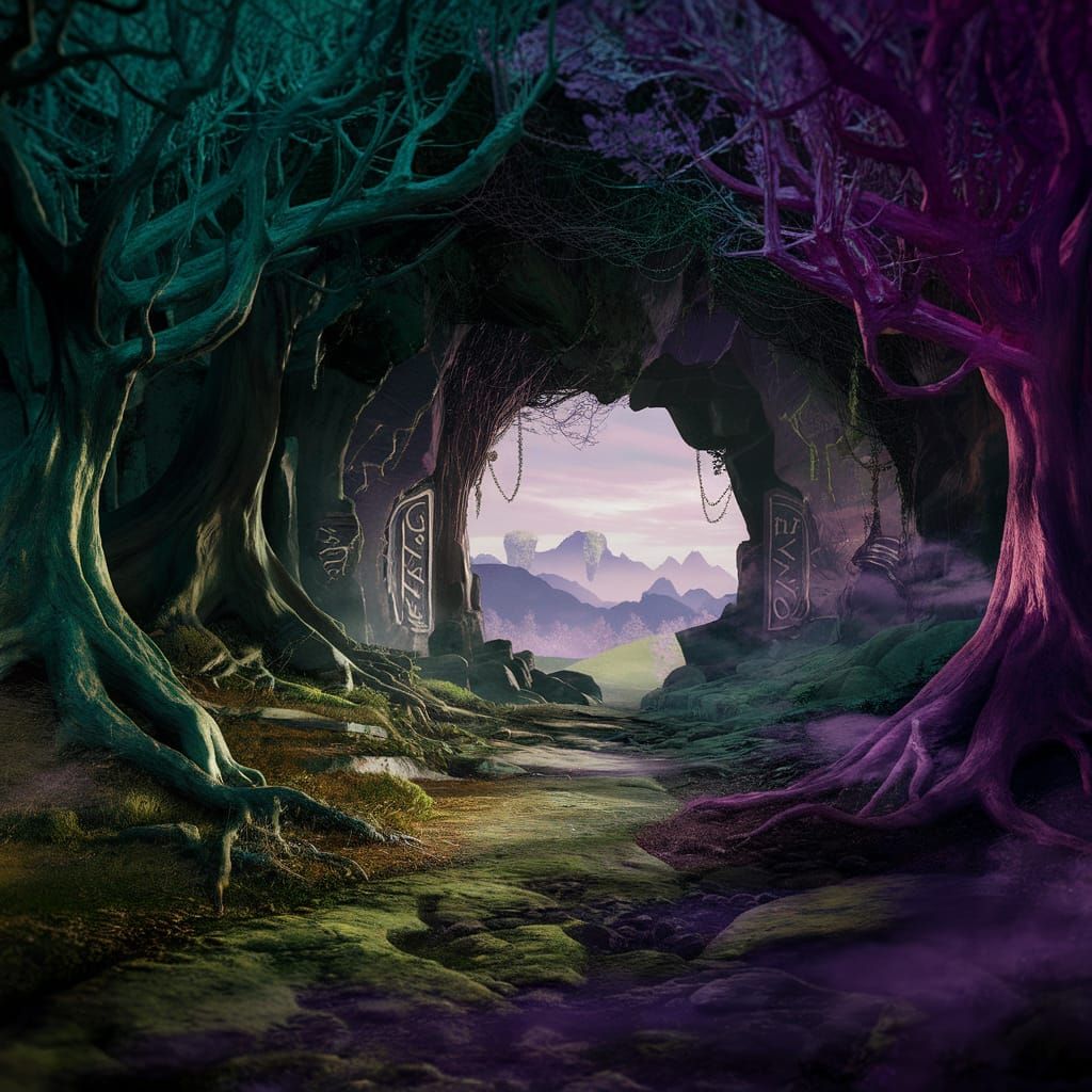 Mystical Forest Path to Cave: 3D Rendered Fantasy Art