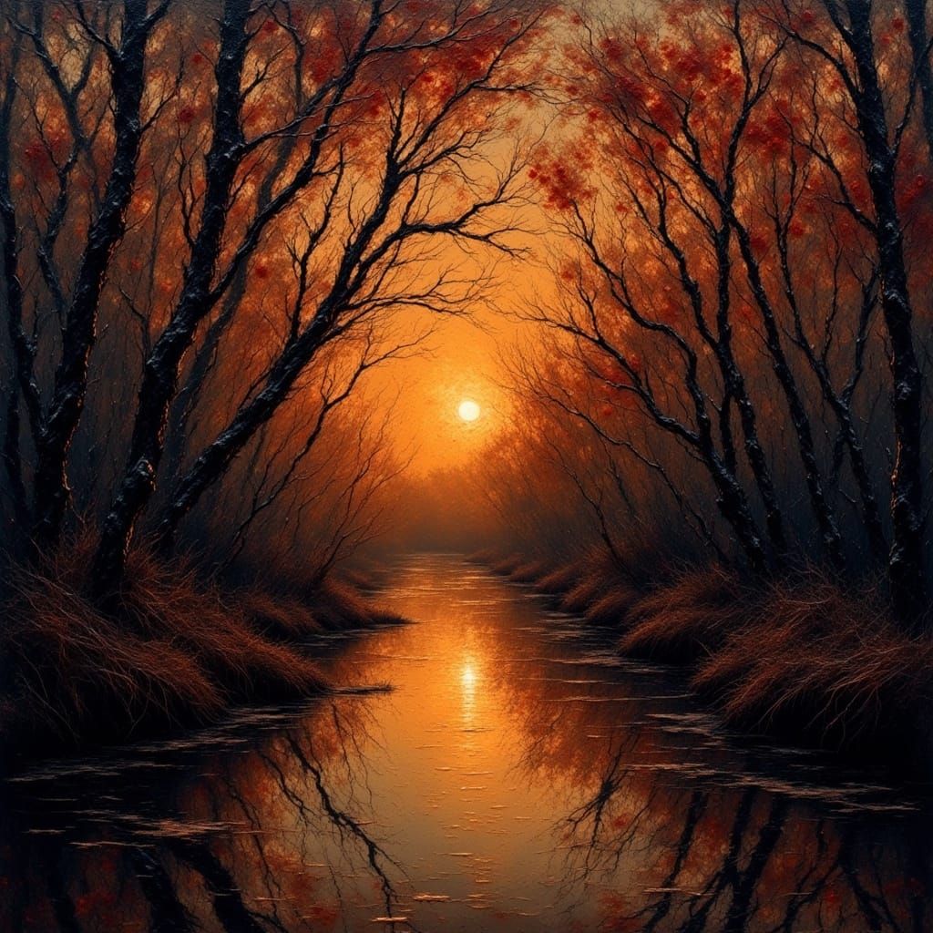 Eerie Bayou Sunset with Weeping Willow in Oils