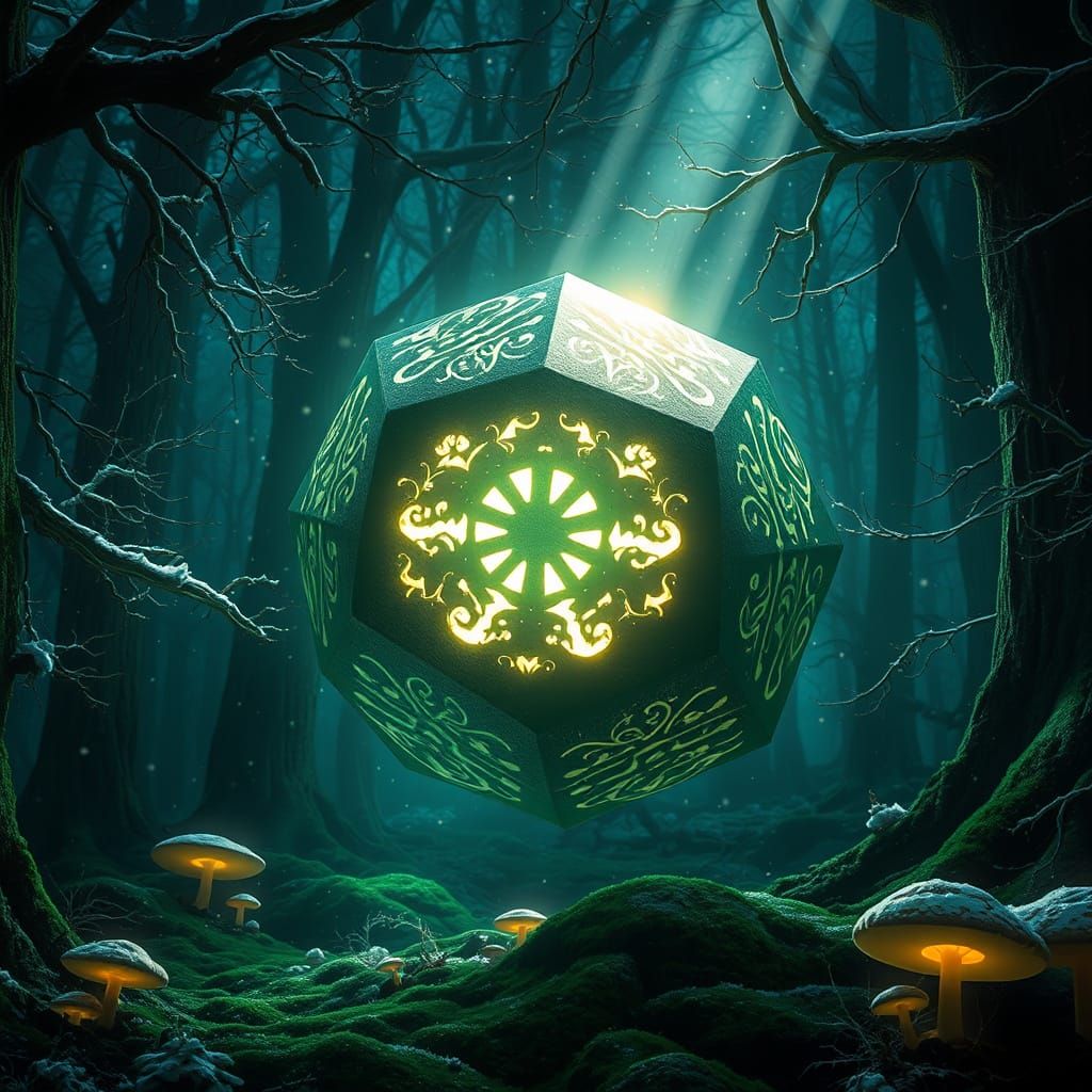 Mystical Octahedron Emitting Light in Enchanted Forest