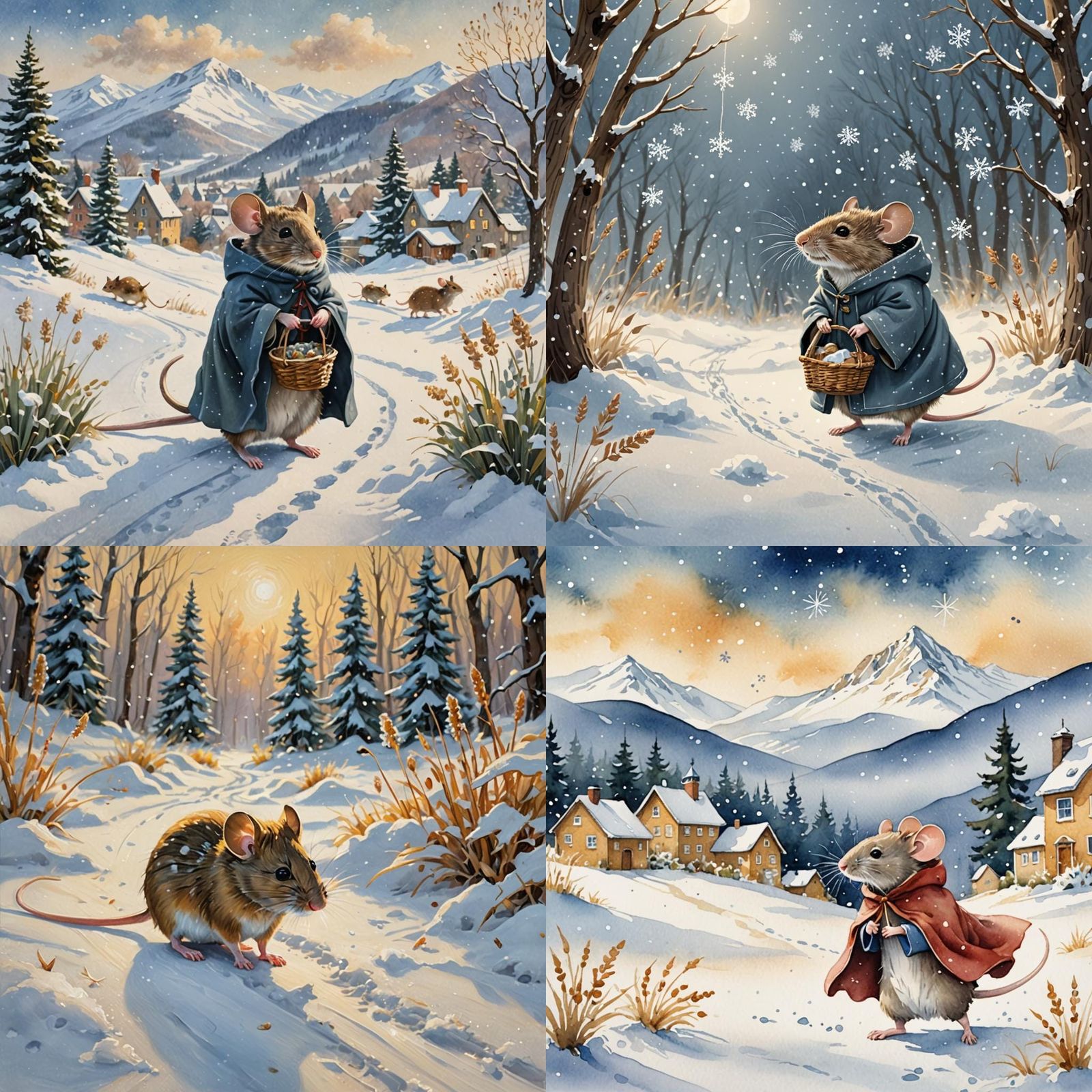 Mouse's Winter Journey Through Snowy Mountains