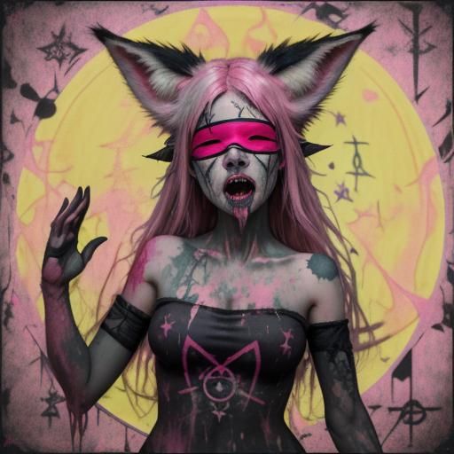 Chanting Girl with Fox Ears in Splatterpunk Style