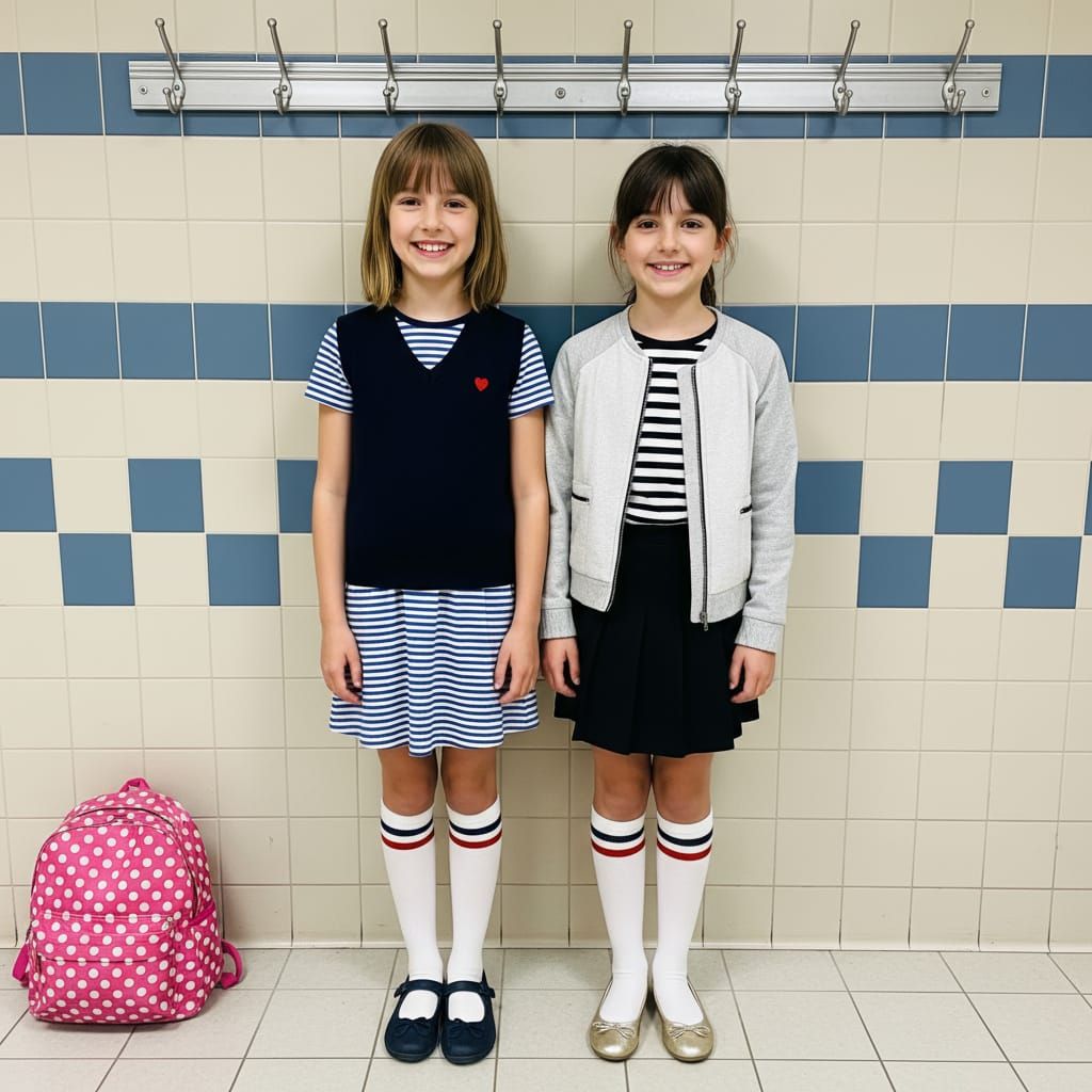 Two Girls in Striped Outfits by Tiled Wall