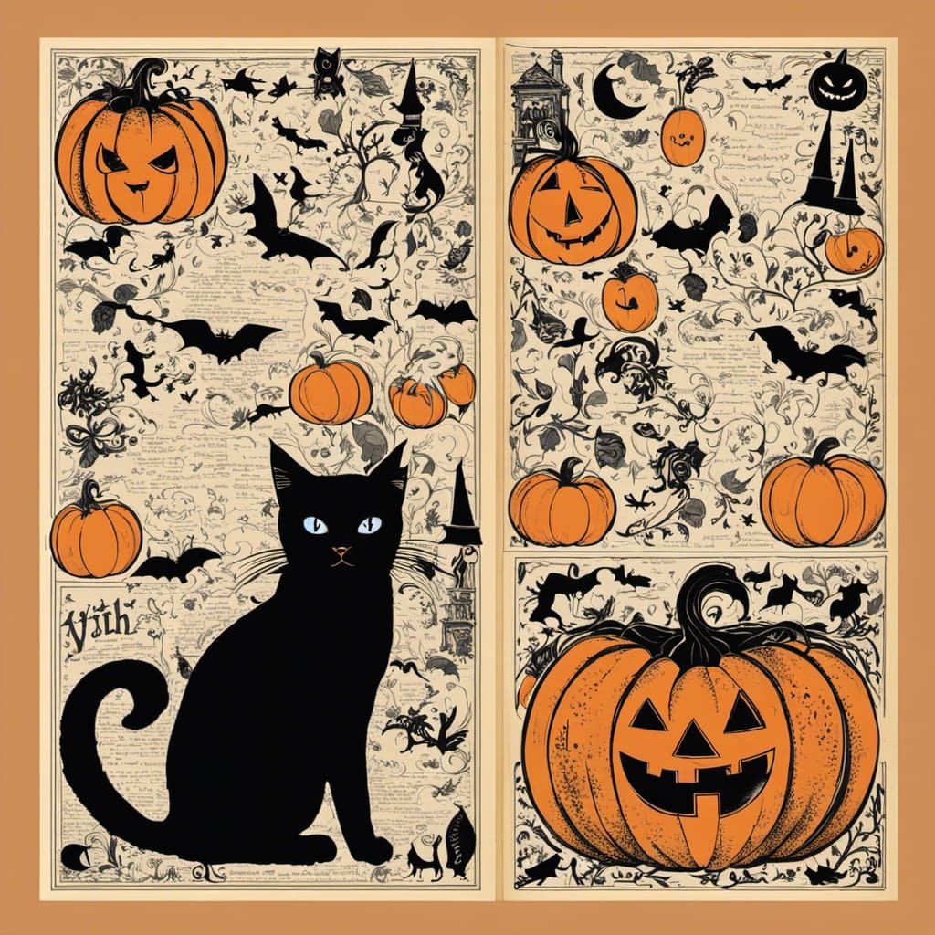 Halloween Book Cover with Black Cat and Witch