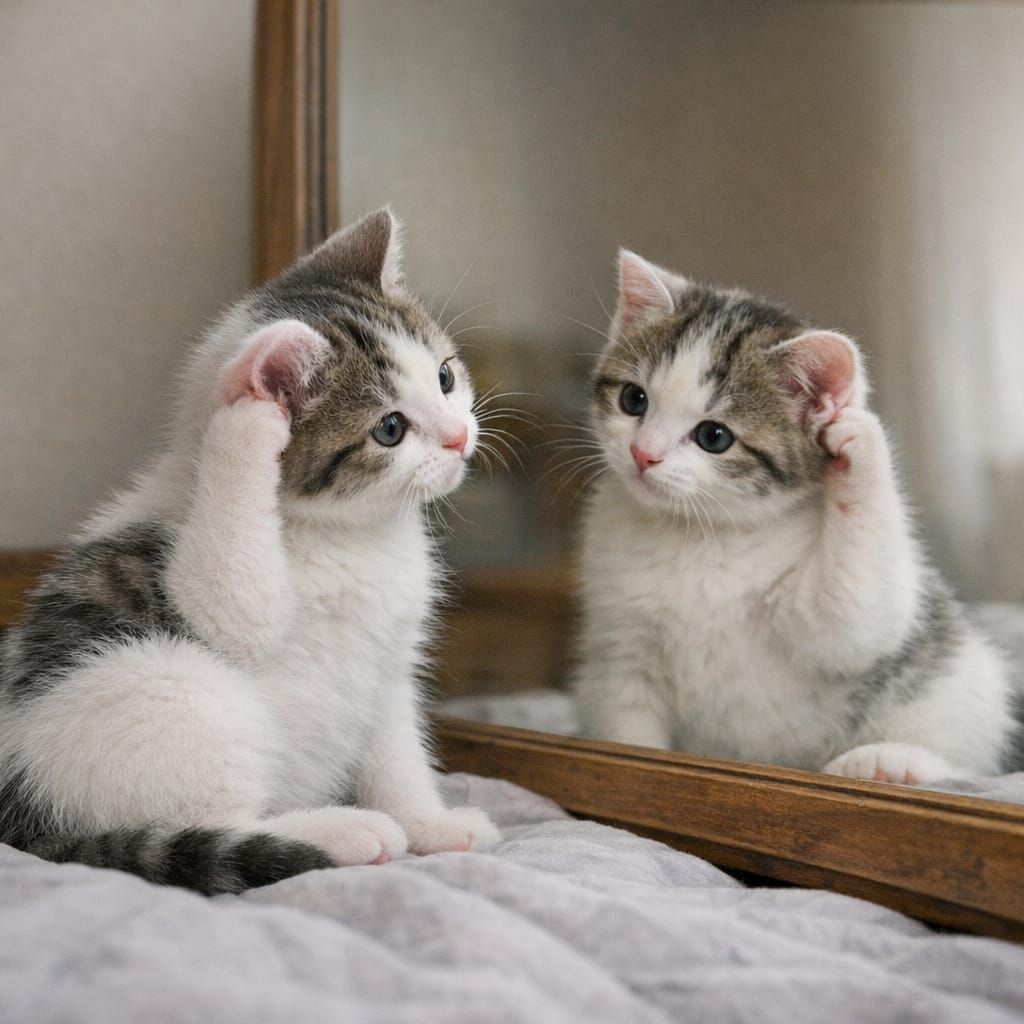 White Kitten Discovers Self in Mirror