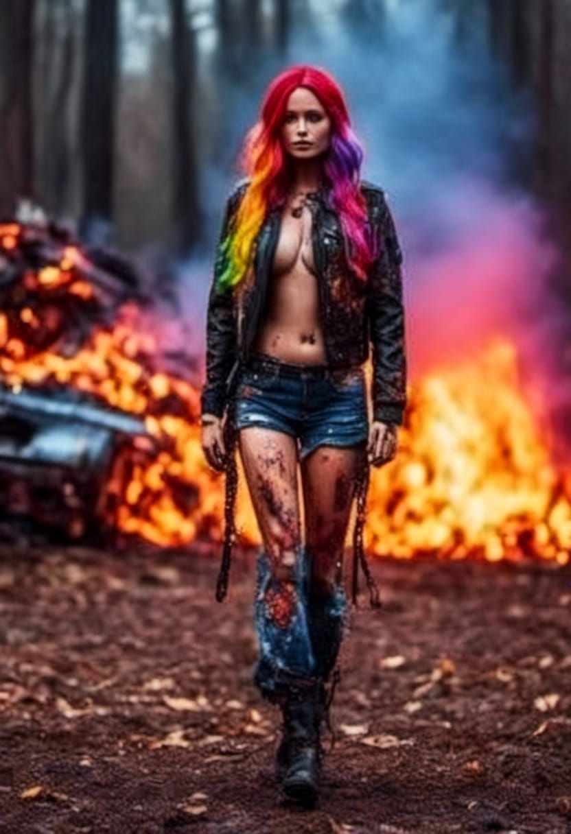 Rainbow Hair Girl Walks Away From Forest Fire