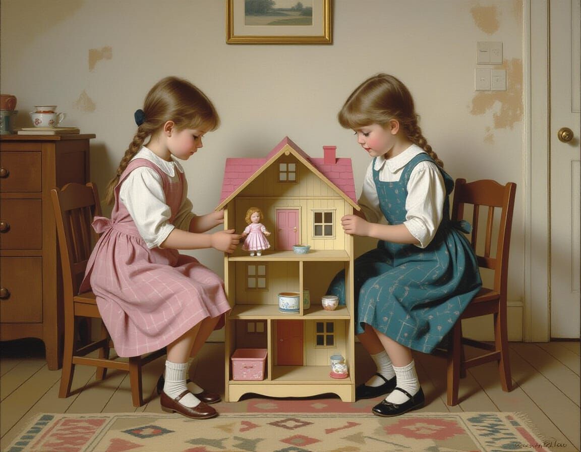 Girls Playing with Dollhouse in Sparsely Furnished Room