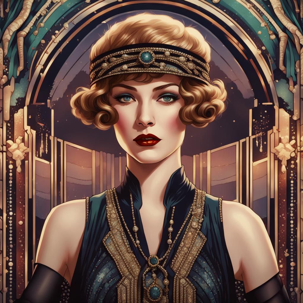 Glamorous Flapper in Art Deco Cross-Stitch Style