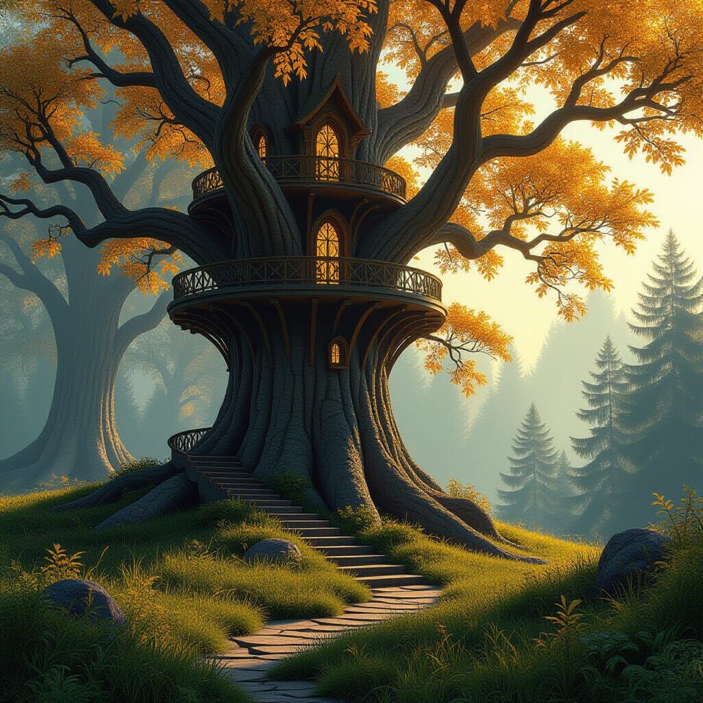 Golden Forest Stairways in Dark Fantasy Concept Art