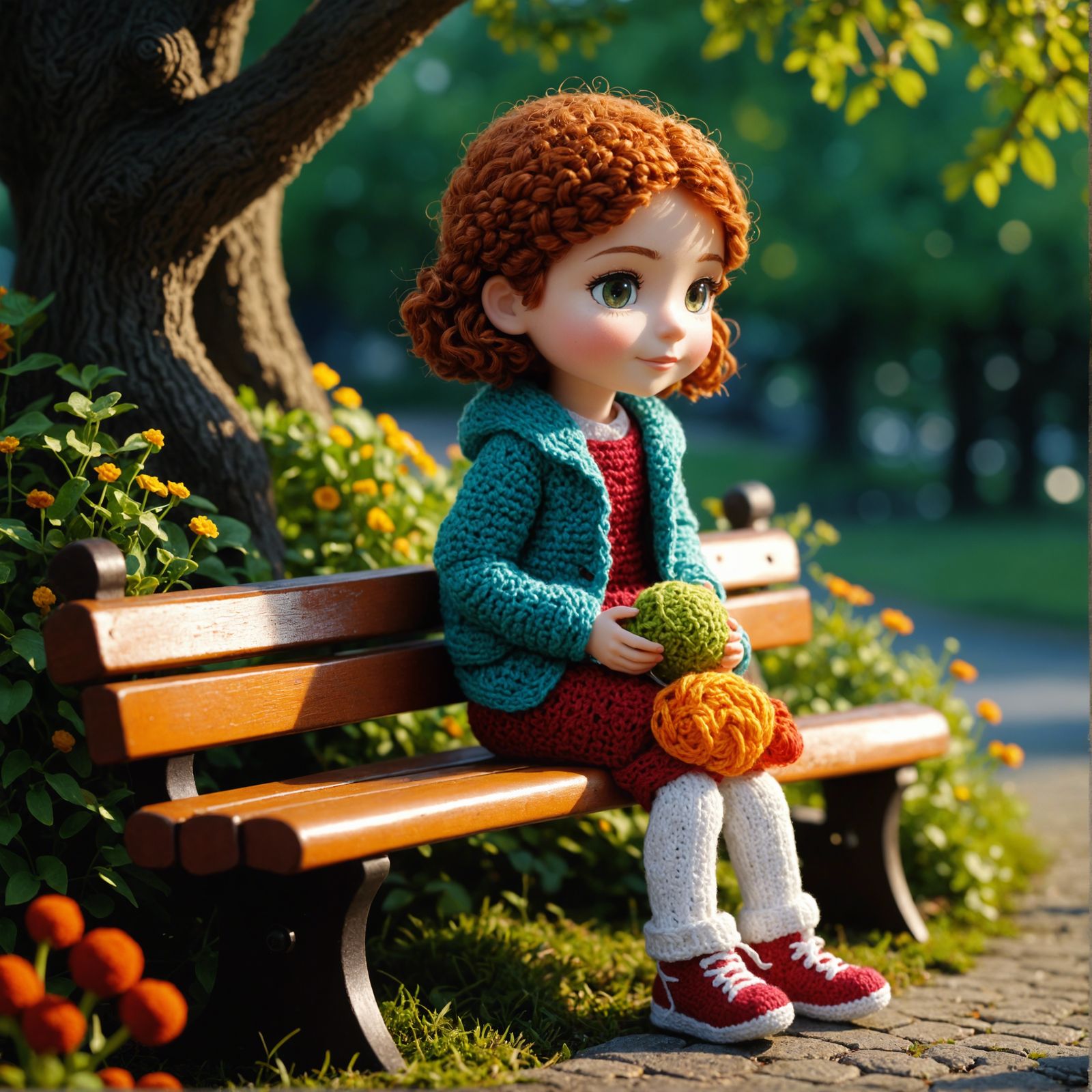 Kind Girl with Crochet Figures in Animated Style