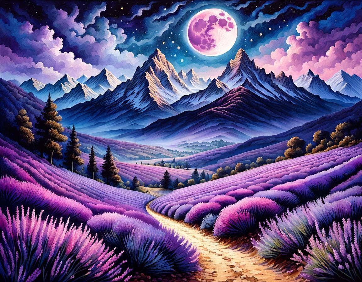 Lavender Field with Purple Moon in Watercolor Style