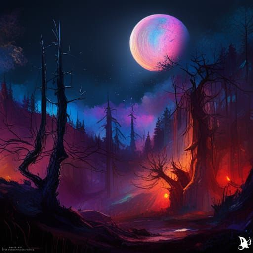 Enchanted Dark Forest Under a Luminous Moon