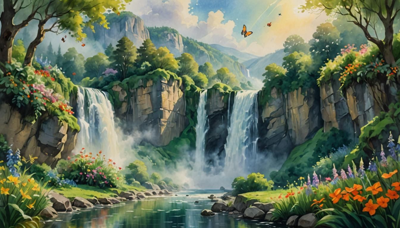 Majestic Waterfall Painting with Flowers and Butterfly