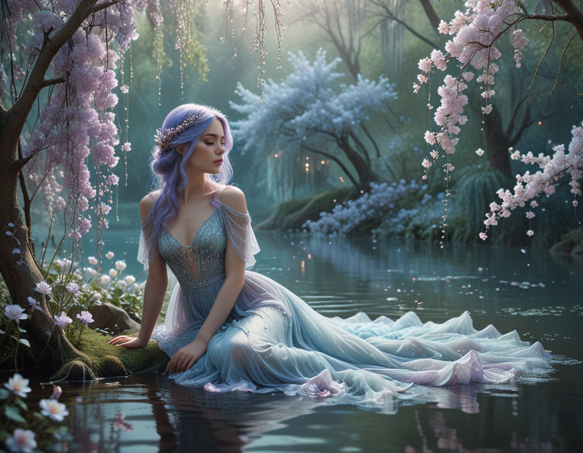 Serene Fantasy Realm with Celestial Nymph and Rose Petals