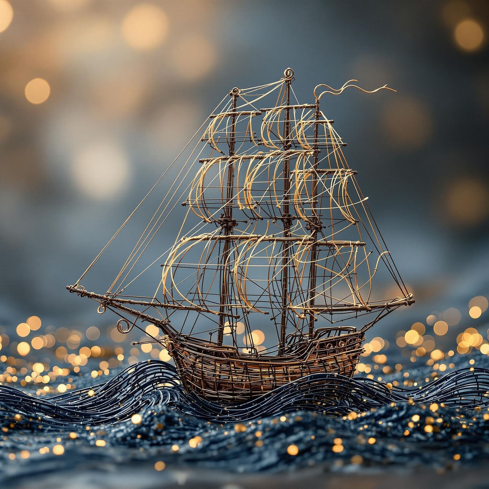 Whimsical Wire Schooner Sculpture on Choppy Sea