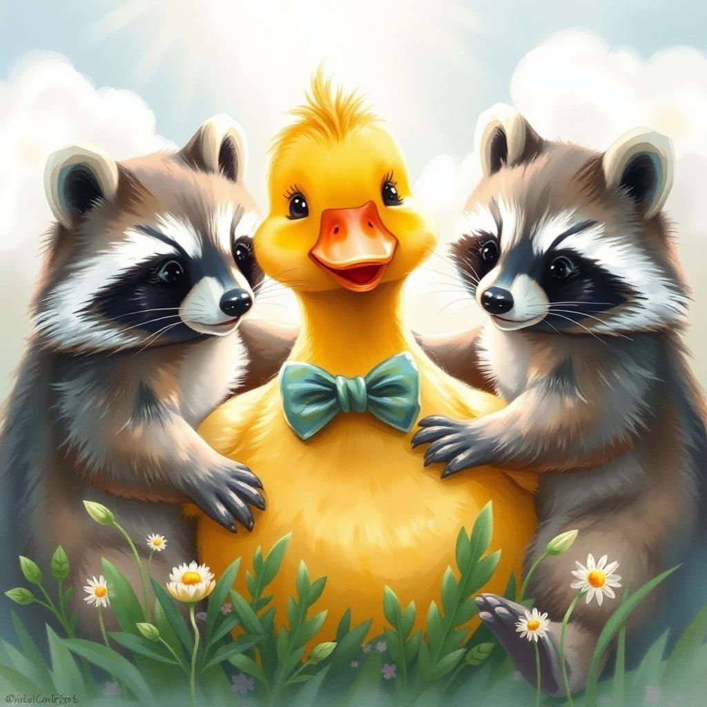 Duck and Raccoons Hugging in Whimsical Watercolor Style