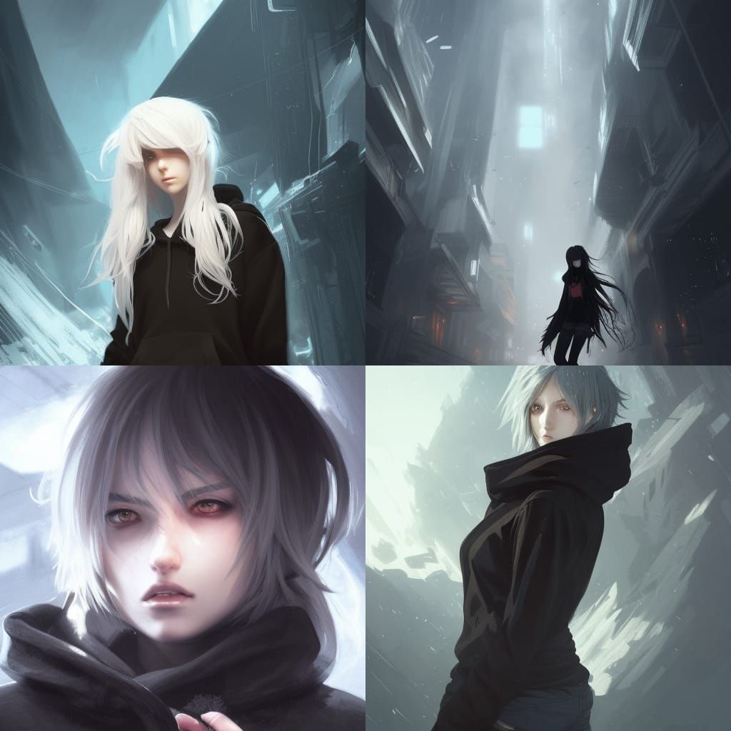 Anime Girl with Black Hoodie in Dark Fantasy Style