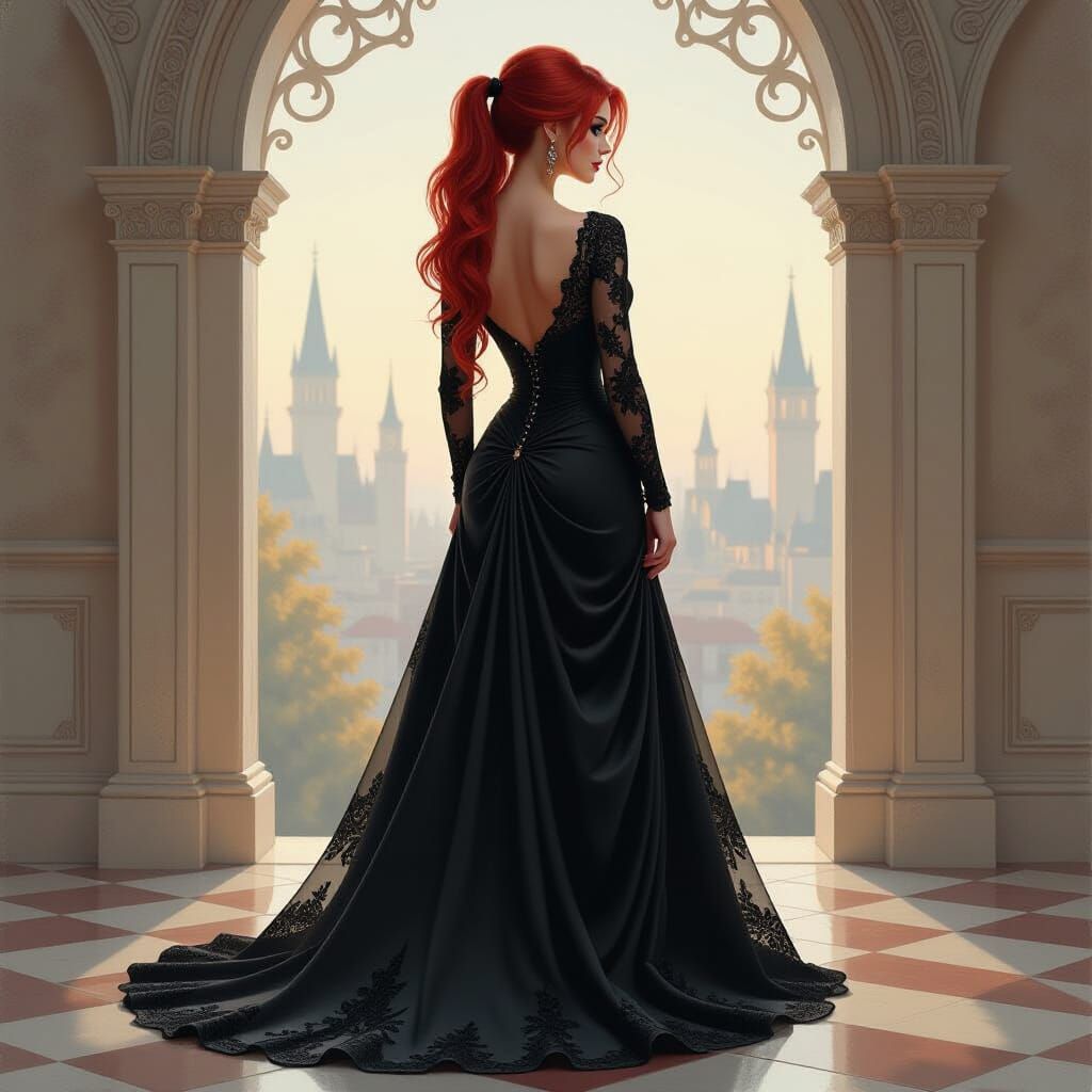 Elf Woman in Black Lace Ball Gown - Fantasy Oil Painting