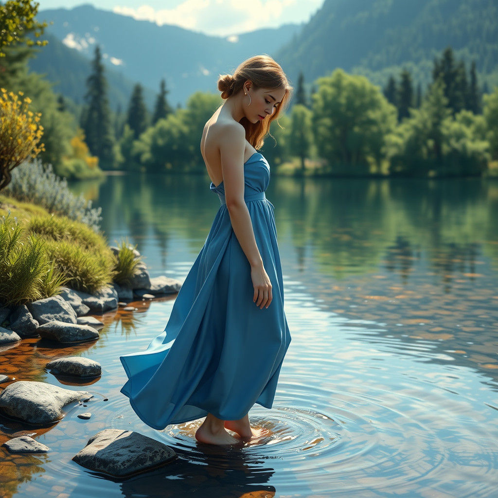 Dreamy Lady in Blue Dipping Toes in Stream