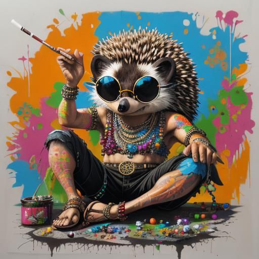 Hippy hedgehog with beads, sandals, dark round glasses, head band and rolled cigarette
