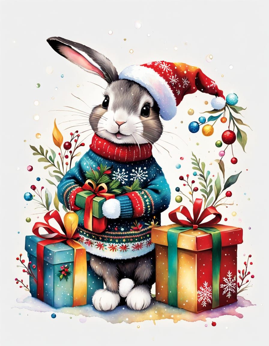Elegant Christmas Bunny with Gift in Snowy Wonderland