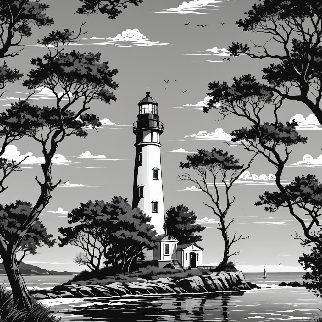 Monochrome Vector Lighthouse and Tree Graphic