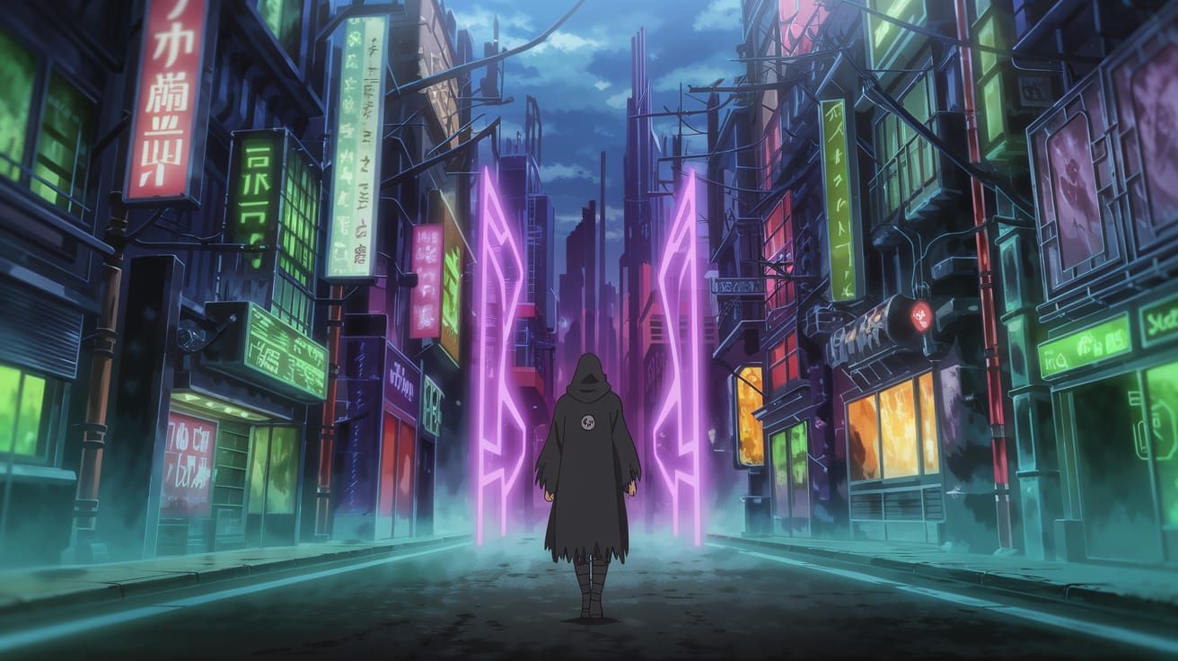 Gothic Cybernetic City at Dawn with Neon Portal