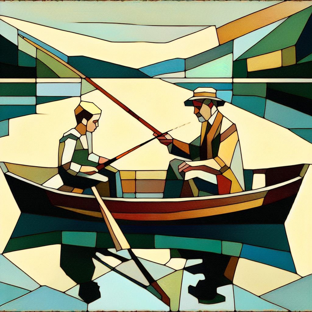 Cubist Image of Fishing Lesson on a Lake