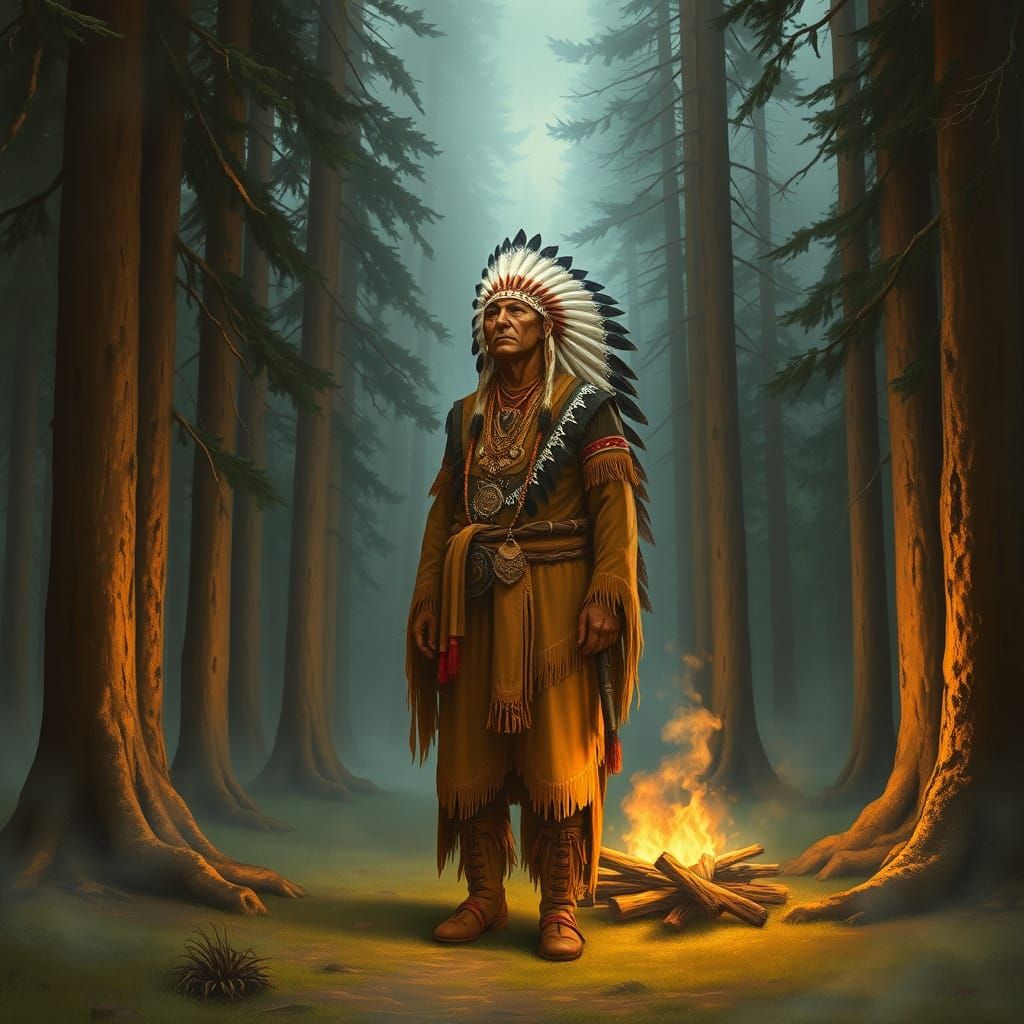 Native American Spiritual Leader in Serene Forest Clearing