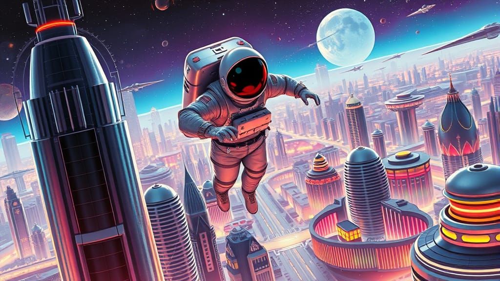 Astronaut Soaring Over Retro-Futuristic Metropolis in Comic ...